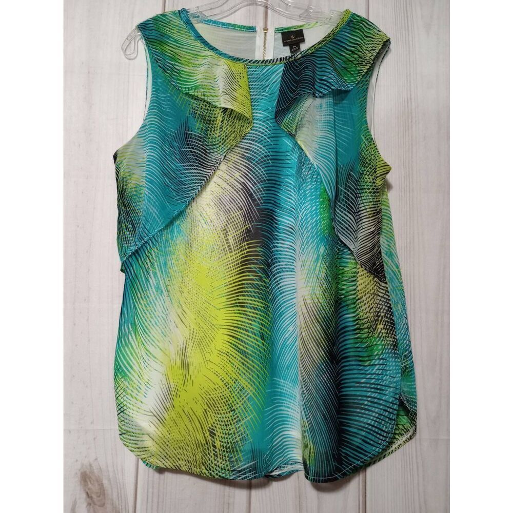 Worthington Womens XL Teal Lime Green Palm Print Ruffle Front Sleeveless Blouse